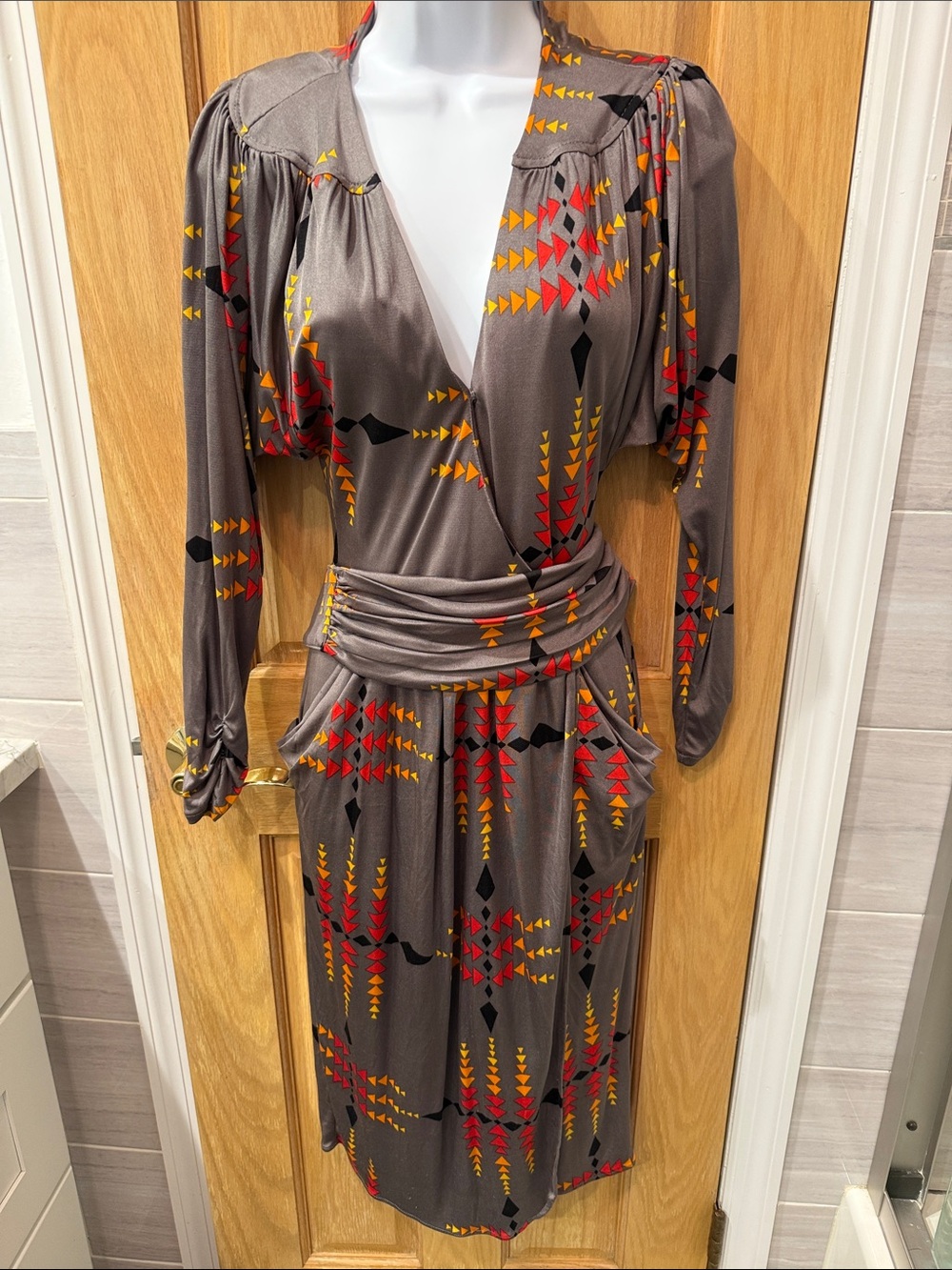 Mara Hoffman Gray Wrap Dress with Red & Yellow Geometric Print